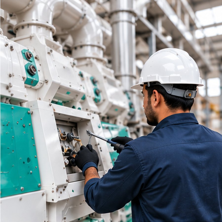Secondecimal service engineer working on a rice mill machine